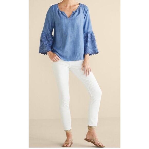 SOFT SURROUNDINGS Women’s Misty Shirt Sz L 14 New Embroidered Chambray $110 - Picture 1 of 10